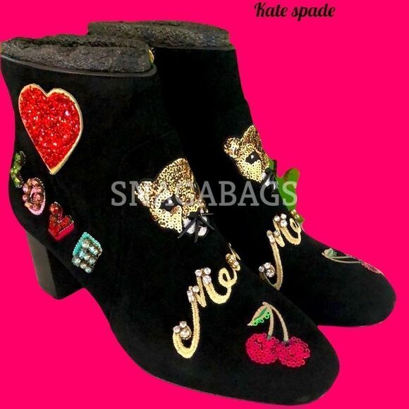 KATE SPADE NIB LIVERPOOL BLACK KID SUEDE ANKLE BOOTS SPARKLY EMBELLISHED SIZE 8M - Picture 2 of 13